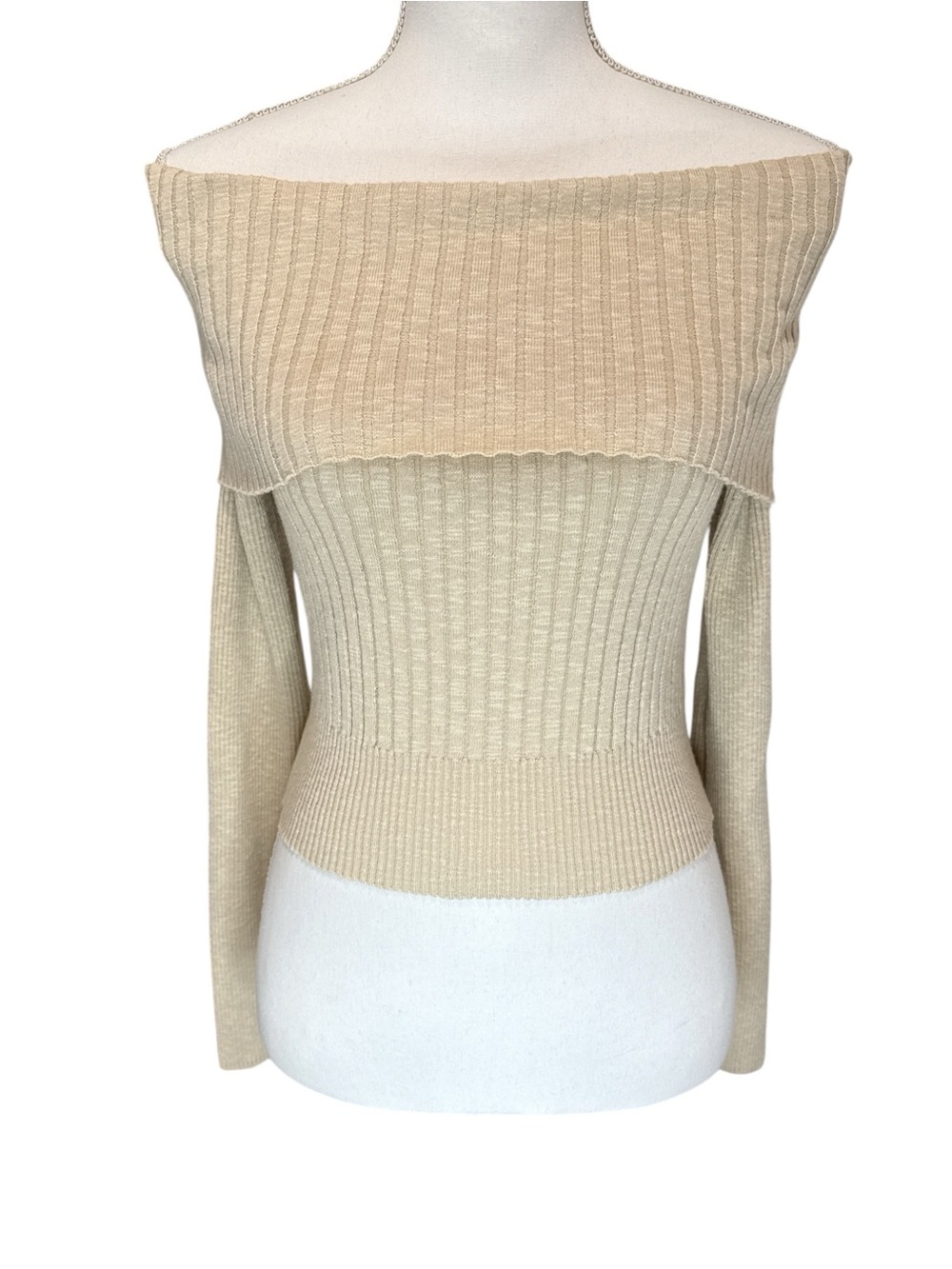 Aster Off-Shoulder Ribbed Knit Sweater in Beige size Medium